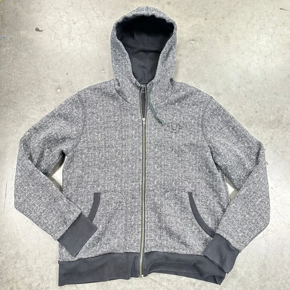 True Religion Mens Large Gray Herringbone Tweed Knit Full Zip Hoodie Horseshoe